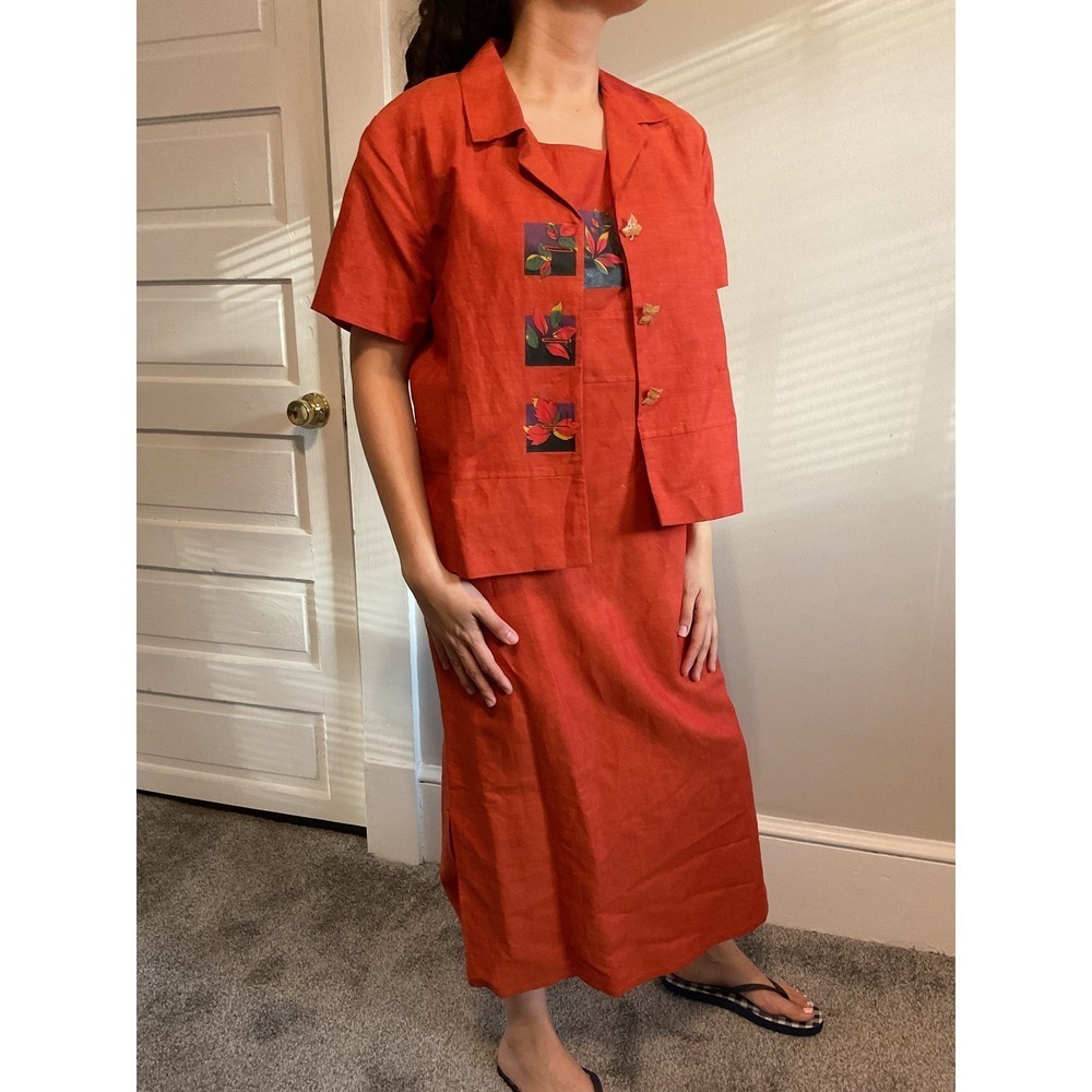 Vintage Cottagecore set Orange Boho Autumn Maxi Twee Dress Shortsleeve Top Mediu
